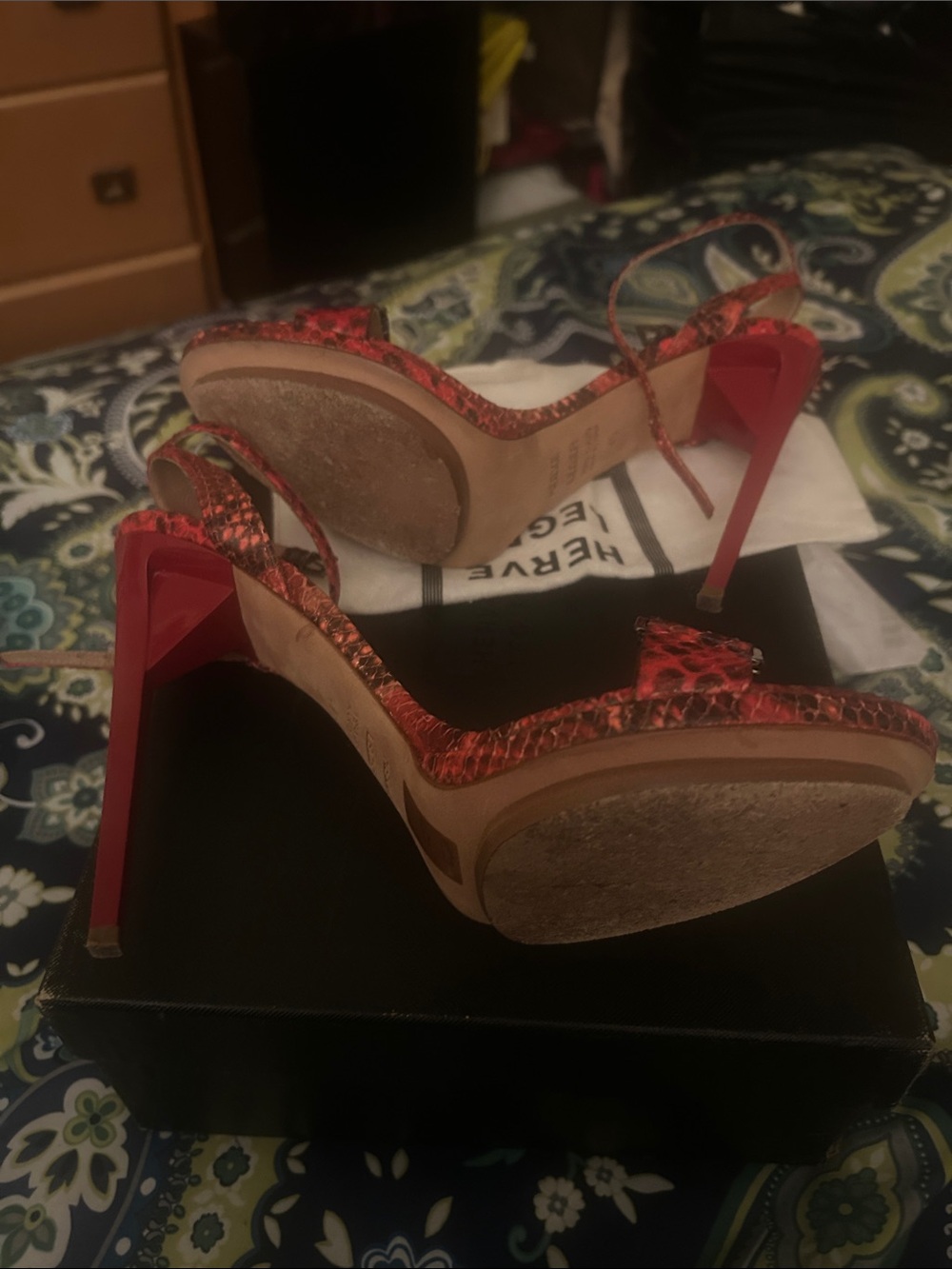 Herve Leger Red Snake-Print Stiletto Sandals - Picture 5 of 15